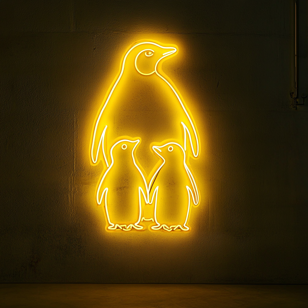 Penguin Family - Yellow Neon Sign, 18 Inches