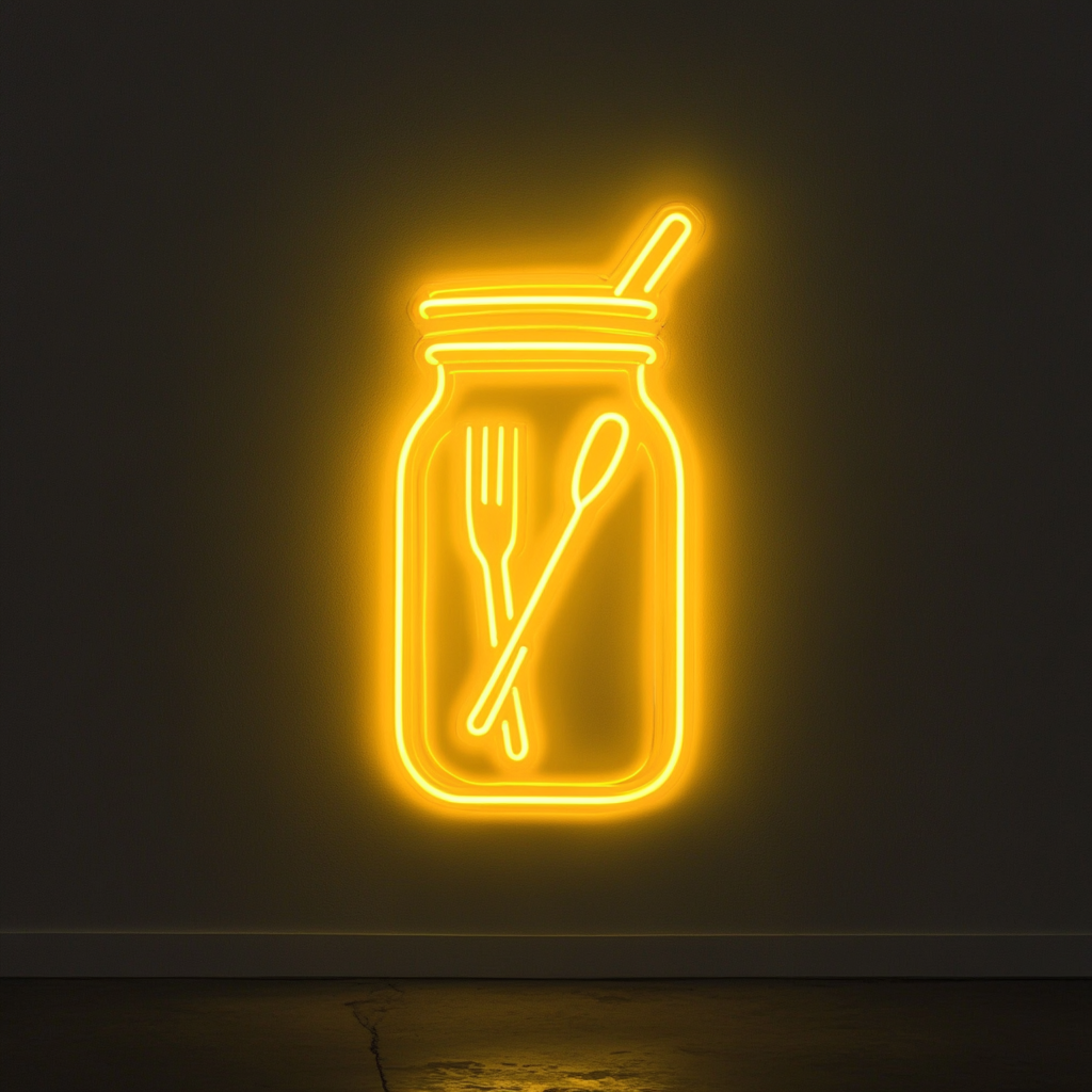 Pickle Jar with Fork - Yellow Neon Sign, 24 Inches