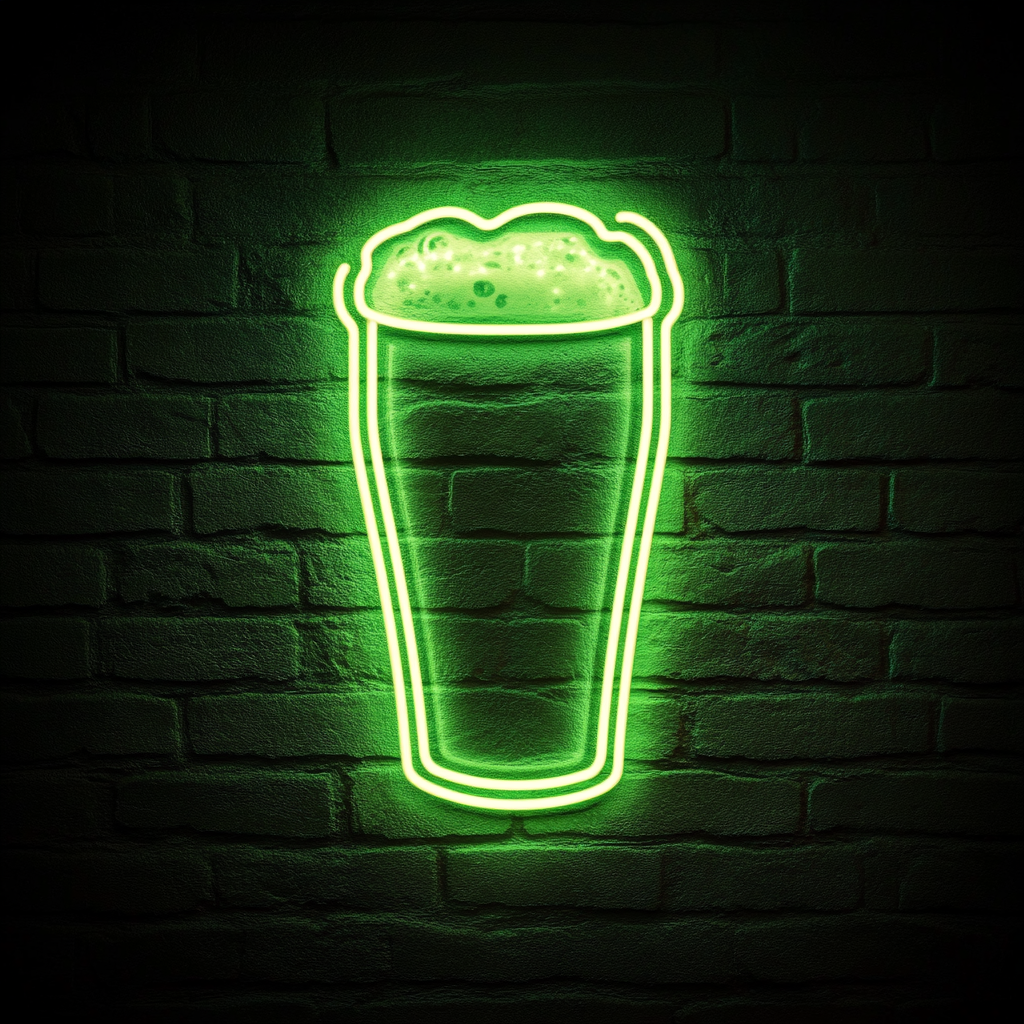 Pint Glass with Head of Foam - Green Neon Sign, 24 Inches