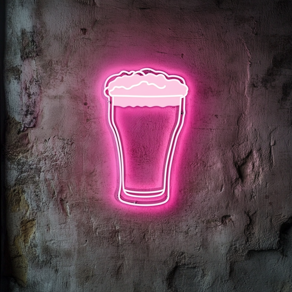 Pint Glass with Head of Foam - Pink Neon Sign, 24 Inches