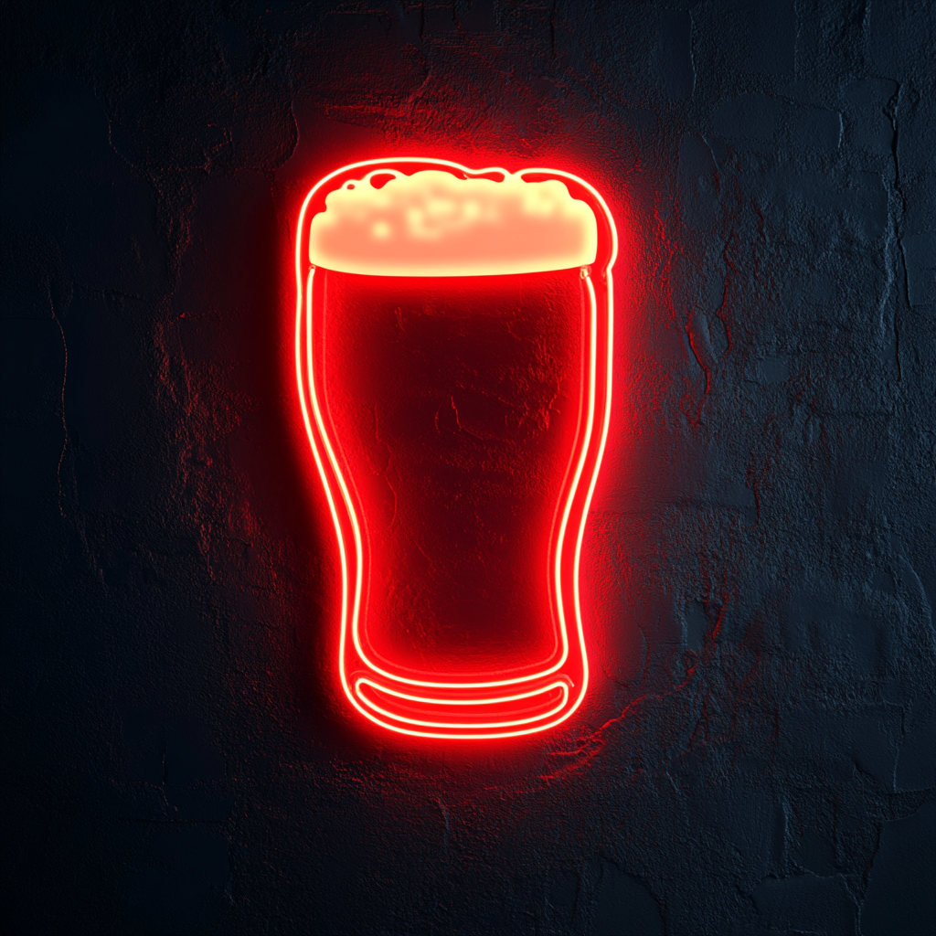 Pint Glass with Head of Foam - Red Neon Sign, 18 Inches