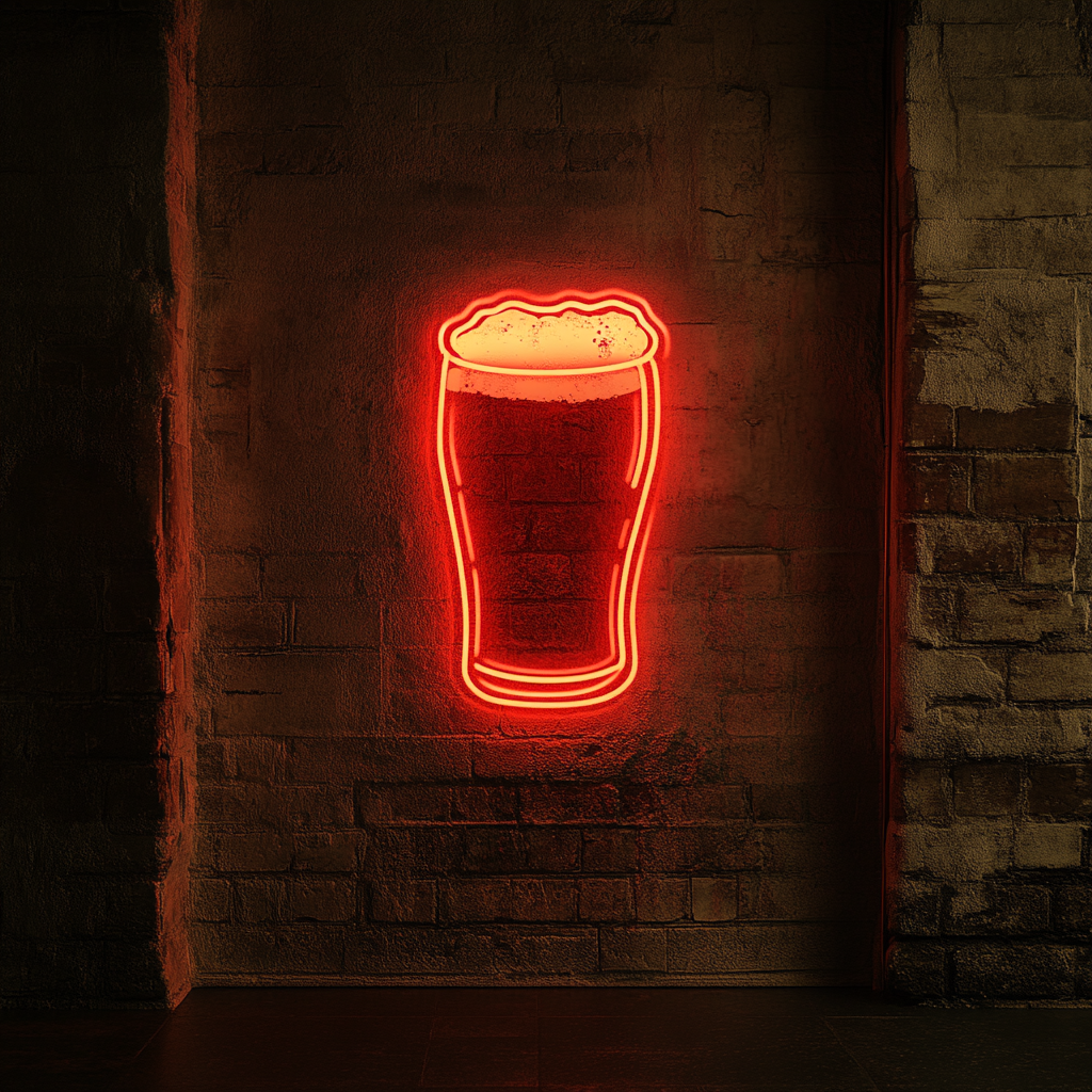 Pint Glass with Head of Foam - Red Neon Sign, 24 Inches