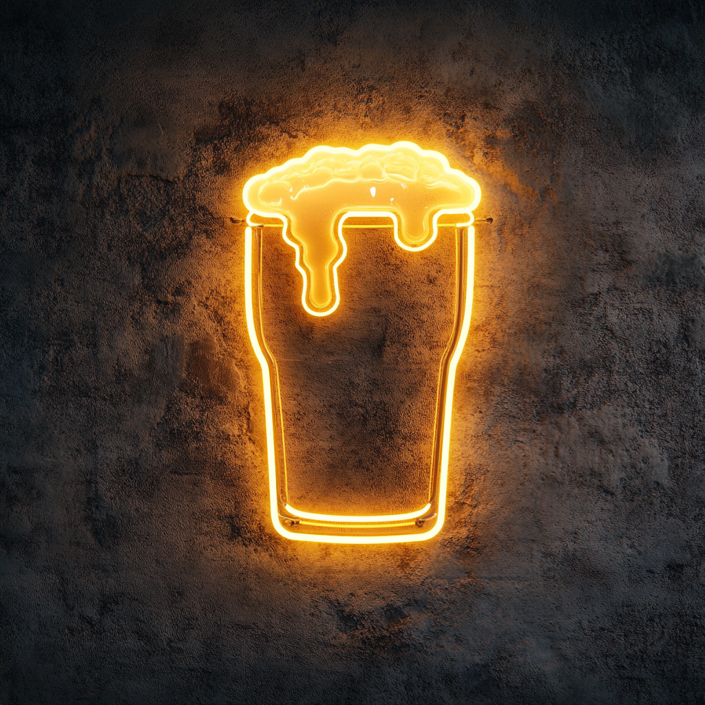 Pint Glass with Head of Foam - Yellow Neon Sign, 18 Inches