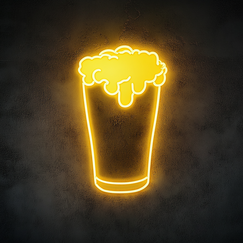 Pint Glass with Head of Foam - Yellow Neon Sign, 24 Inches