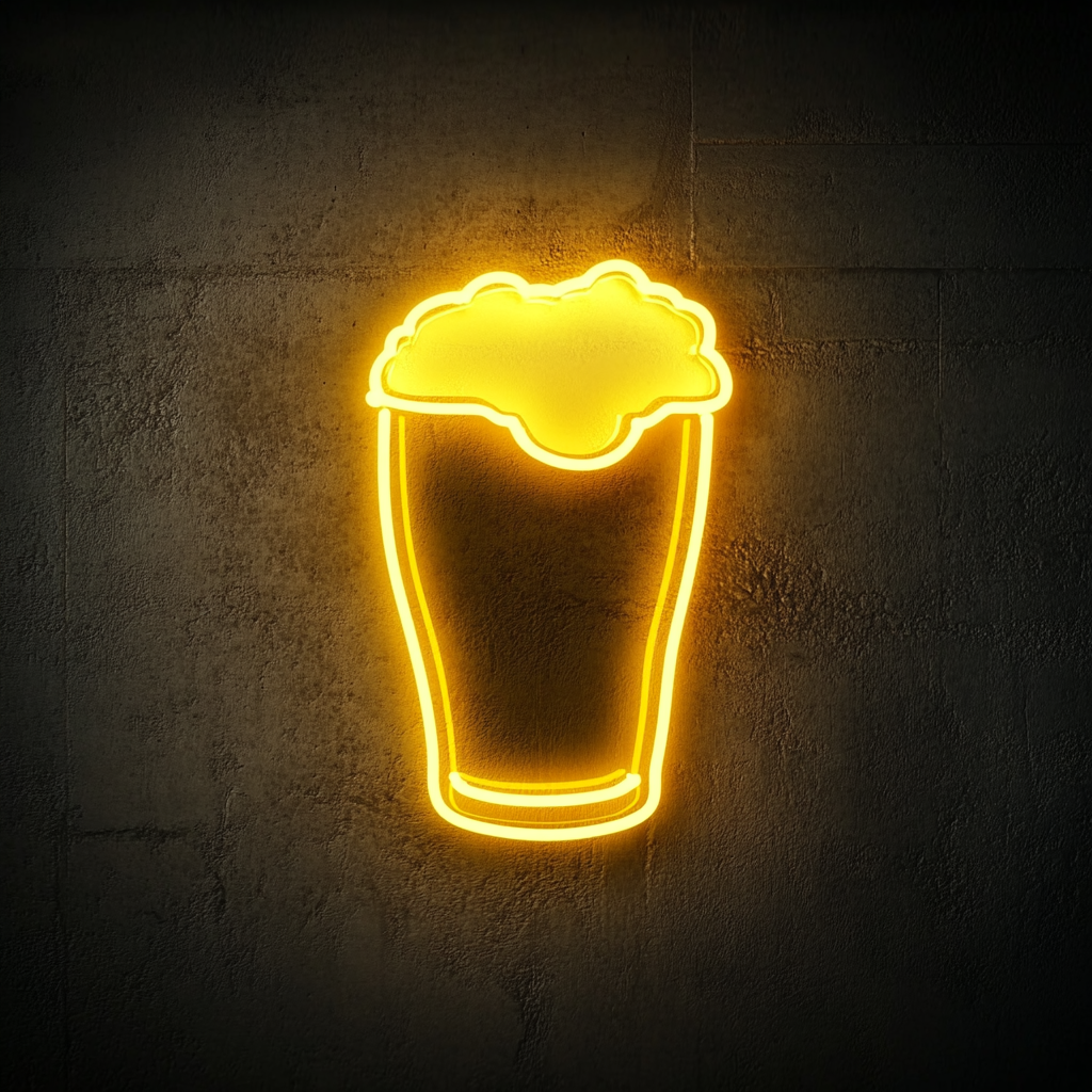 Pint Glass with Head of Foam - Yellow Neon Sign, 24 Inches
