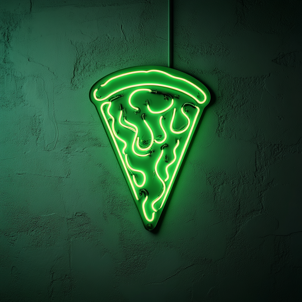 Pizza Slice with Flames - Green Neon Sign, 24 Inches