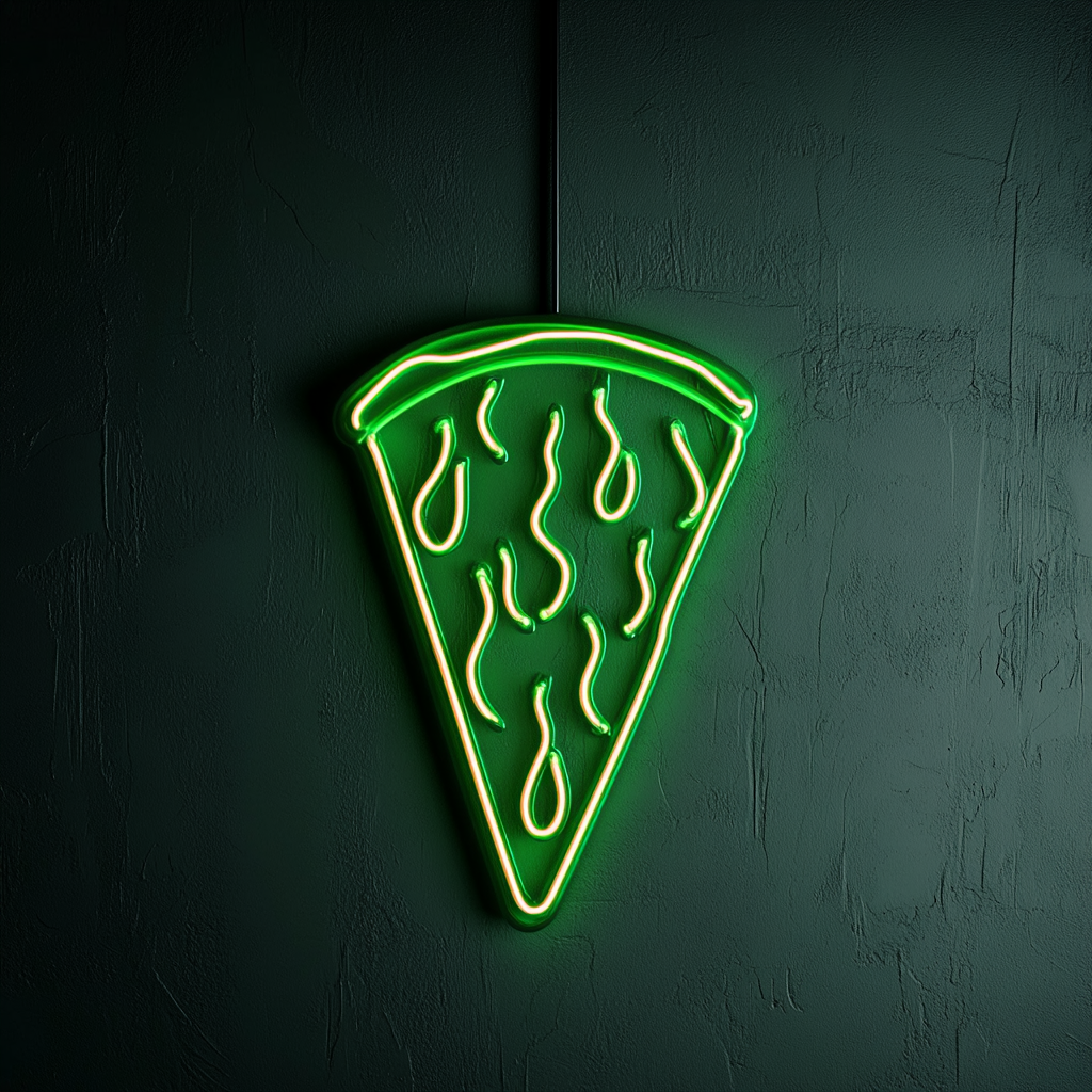 Pizza Slice with Flames - Green Neon Sign, 18 Inches