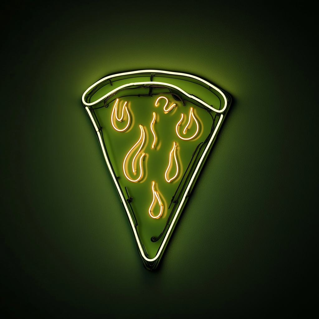 Pizza Slice with Flames - Green Neon Sign, 18 Inches