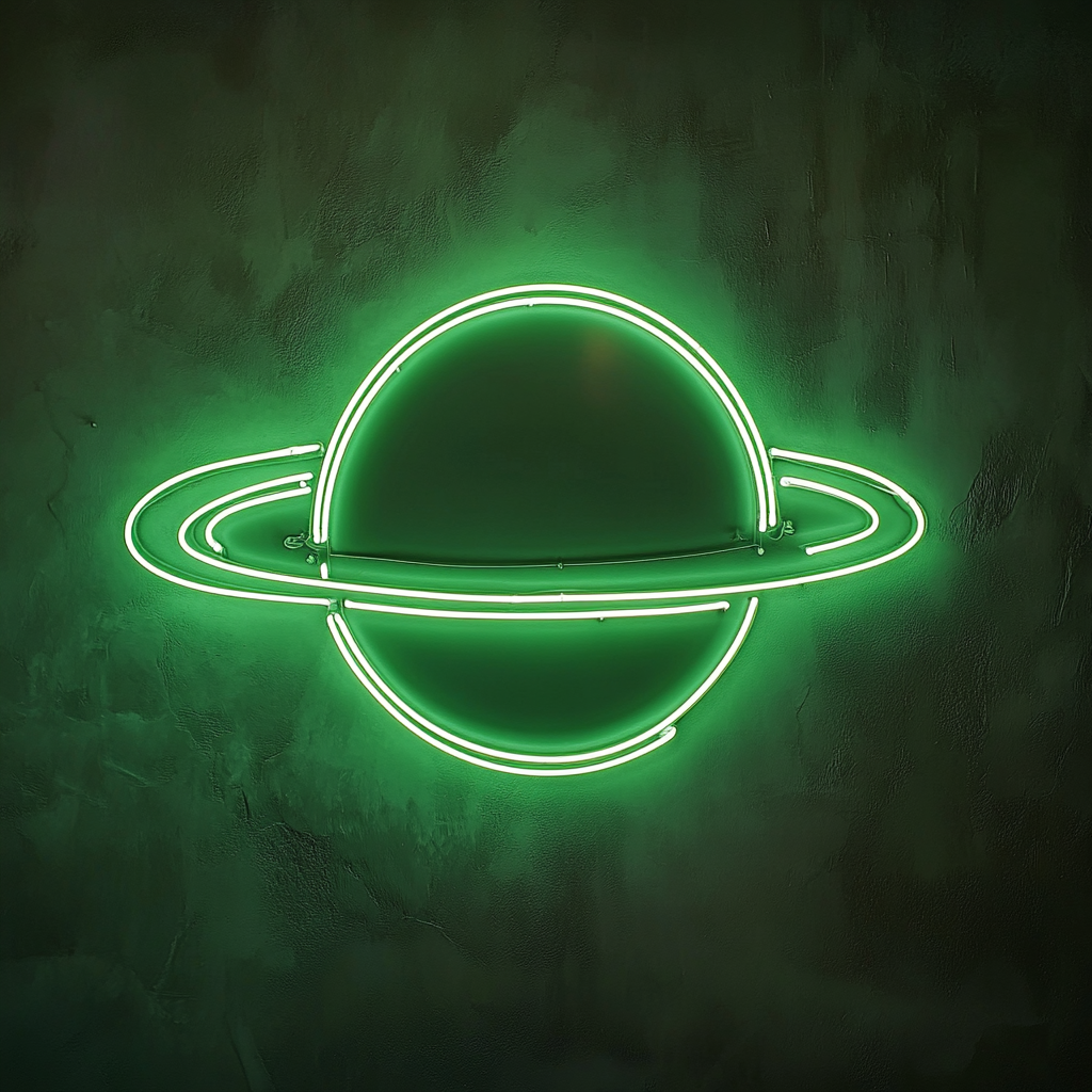 Planet with Rings - Green Neon Sign, 24 Inches
