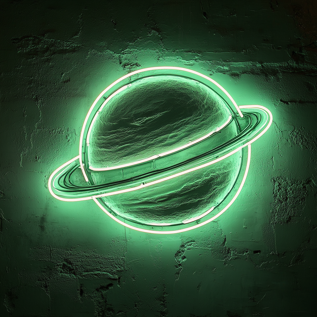 Planet with Rings - Green Neon Sign, 18 Inches