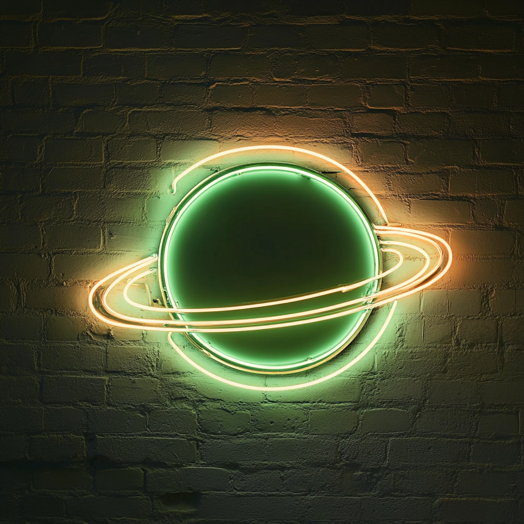 Planet with Rings - Green Neon Sign, 24 Inches