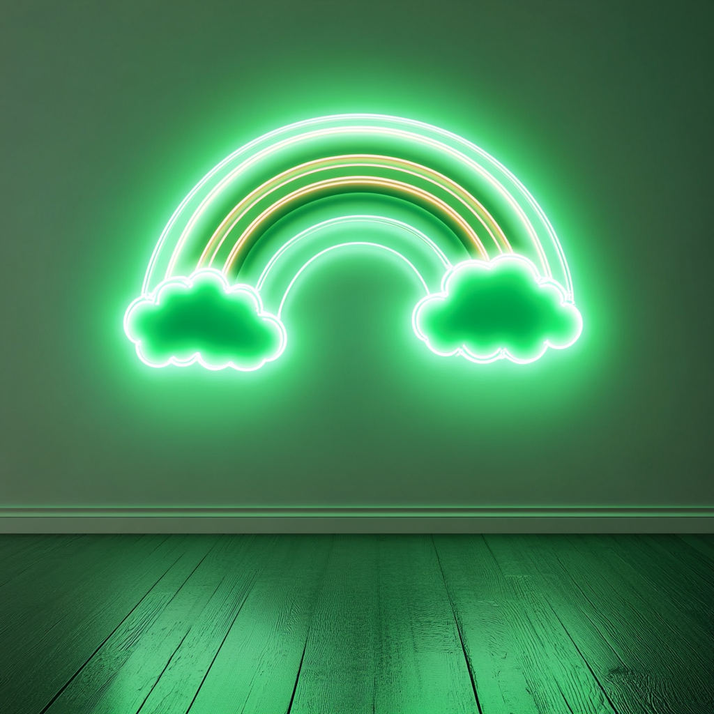 Rainbow with Clouds - Green Neon Sign, 24 Inches