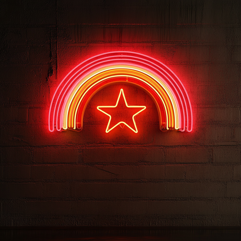 Rainbow with Star - Red Neon Sign, 18 Inches