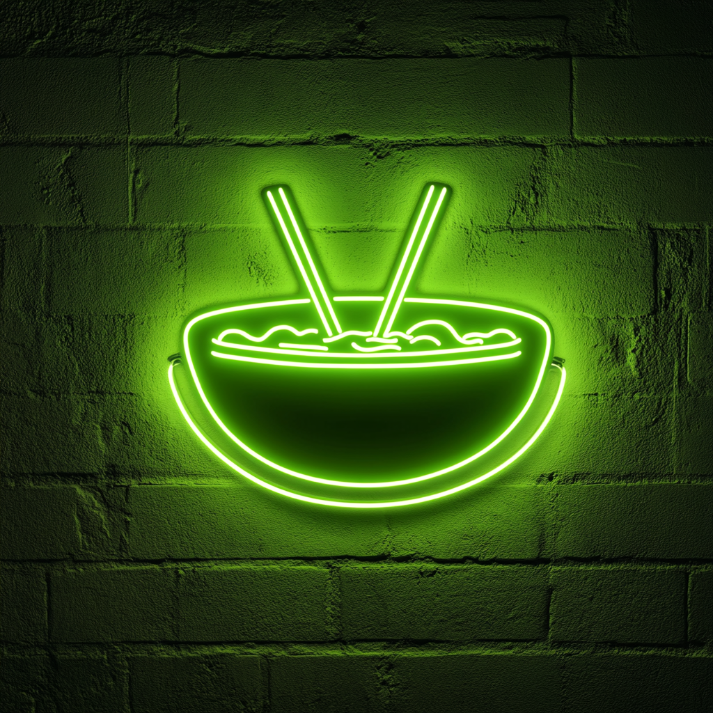 Ramen Bowl with Chopsticks - Green Neon Sign, 18 Inches