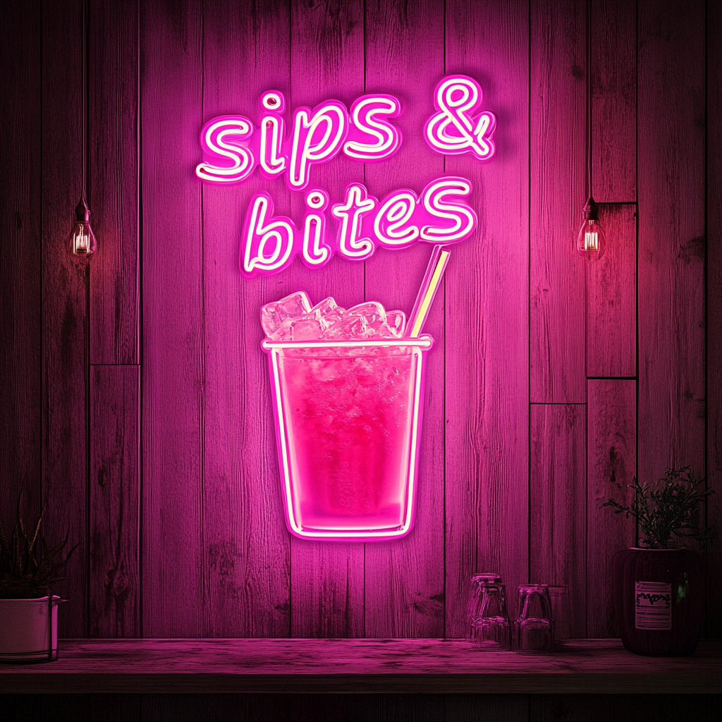 Sips & Bites - Pink Neon Sign, 18 Inches