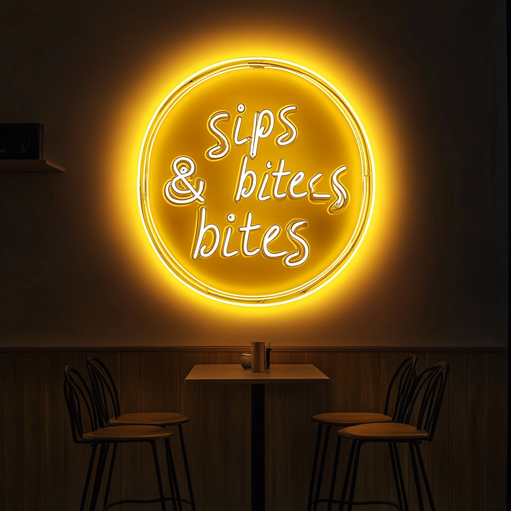 Sips & Bites - Yellow Neon Sign, 24 Inches