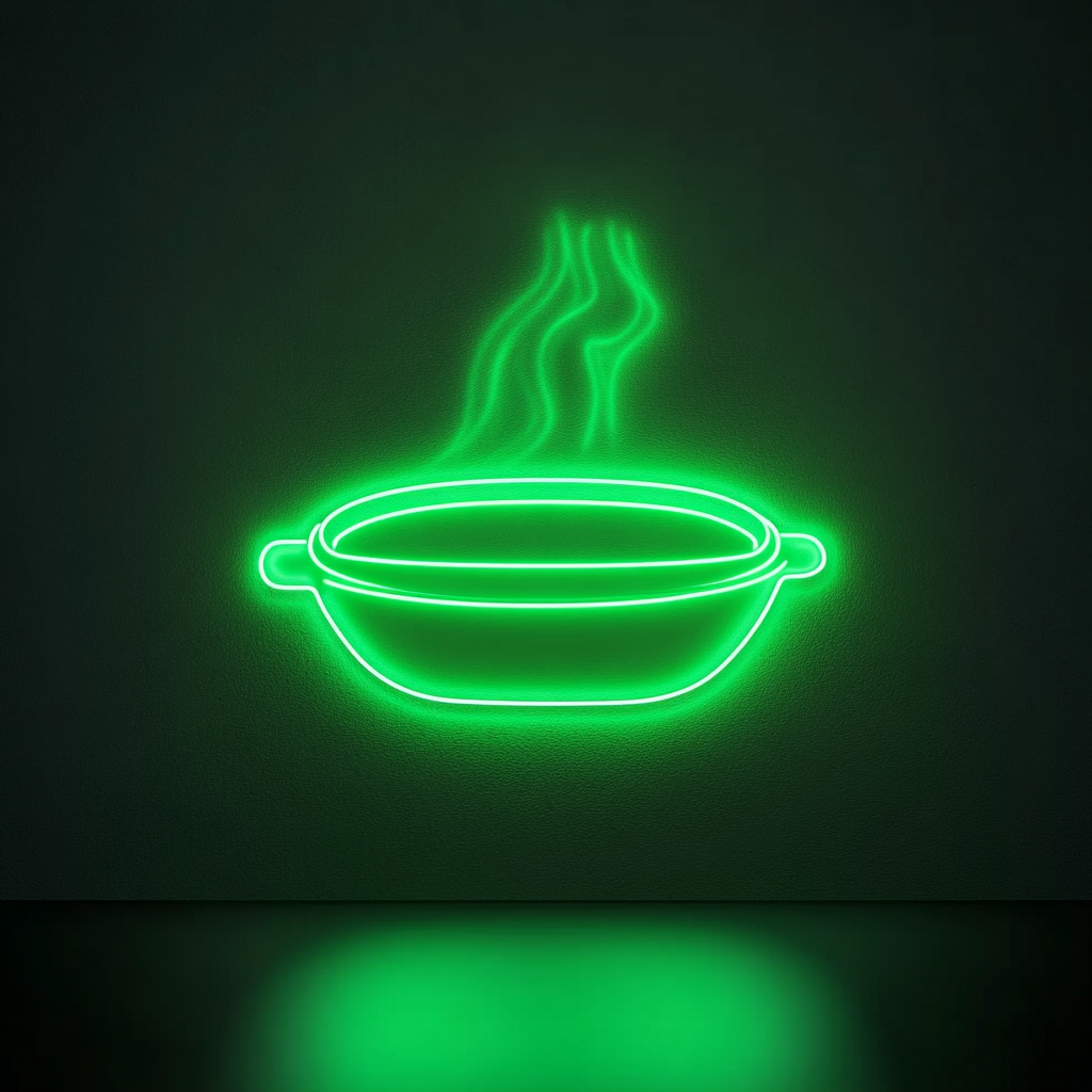 Sizzling Plate - Green Neon Sign, 18 Inches