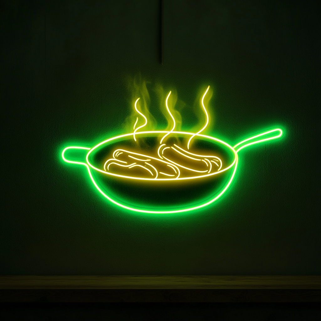 Skillet with Sausages - Green Neon Sign, 18 Inches
