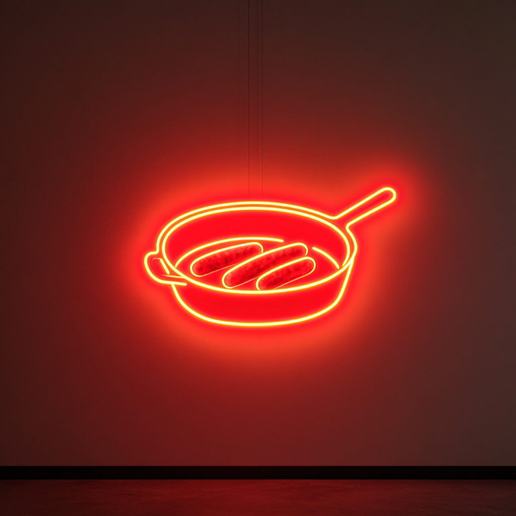 Skillet with Sausages - Red Neon Sign, 24 Inches