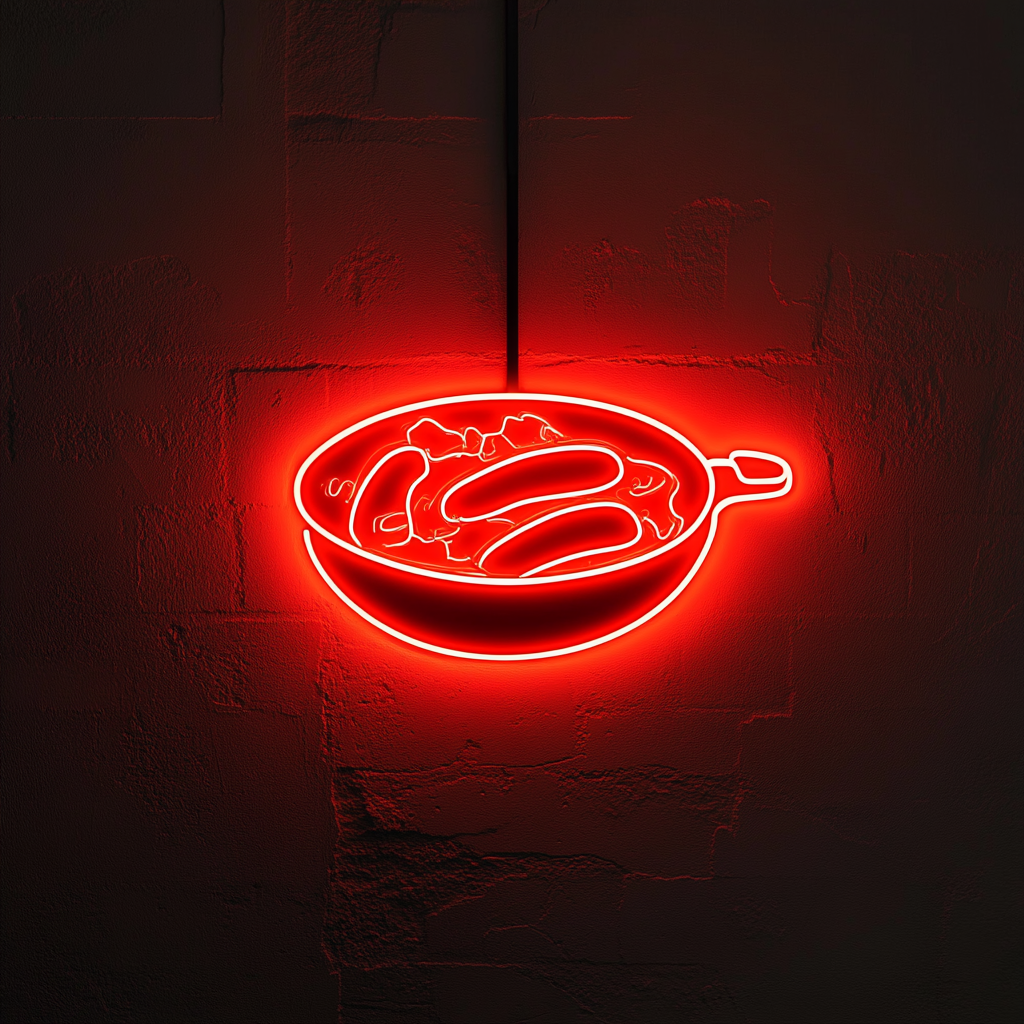 Skillet with Sausages - Red Neon Sign, 24 Inches