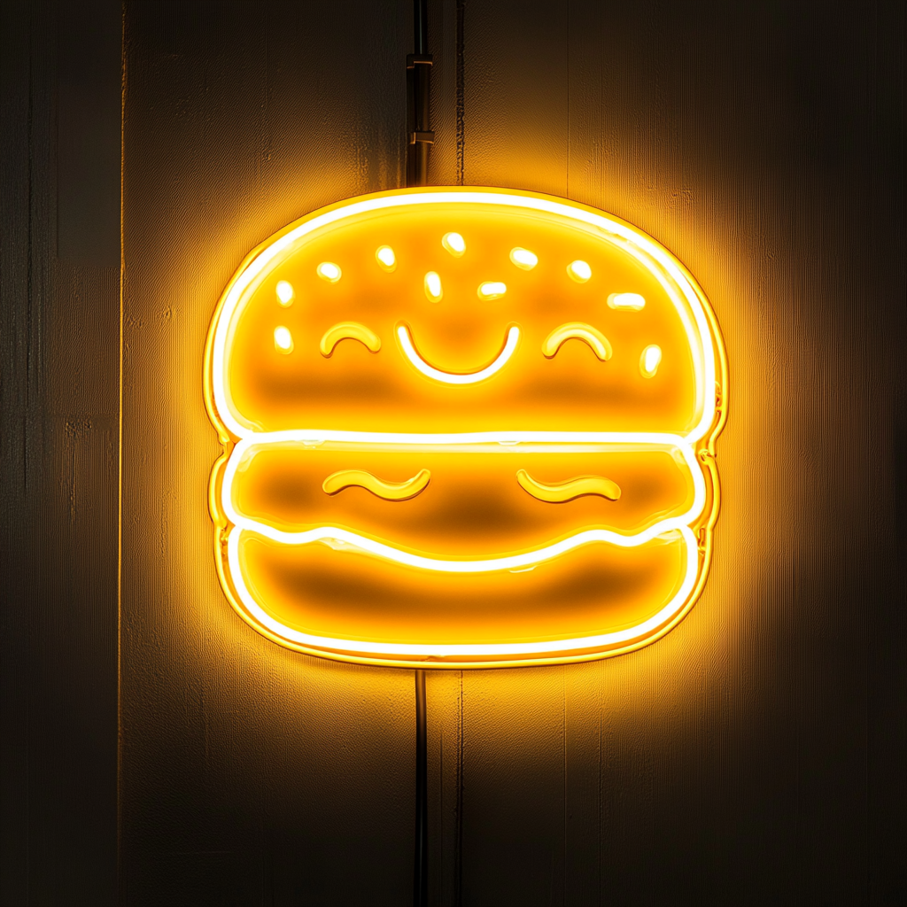 Smiling Burger - Yellow Neon Sign, 18 Inches
