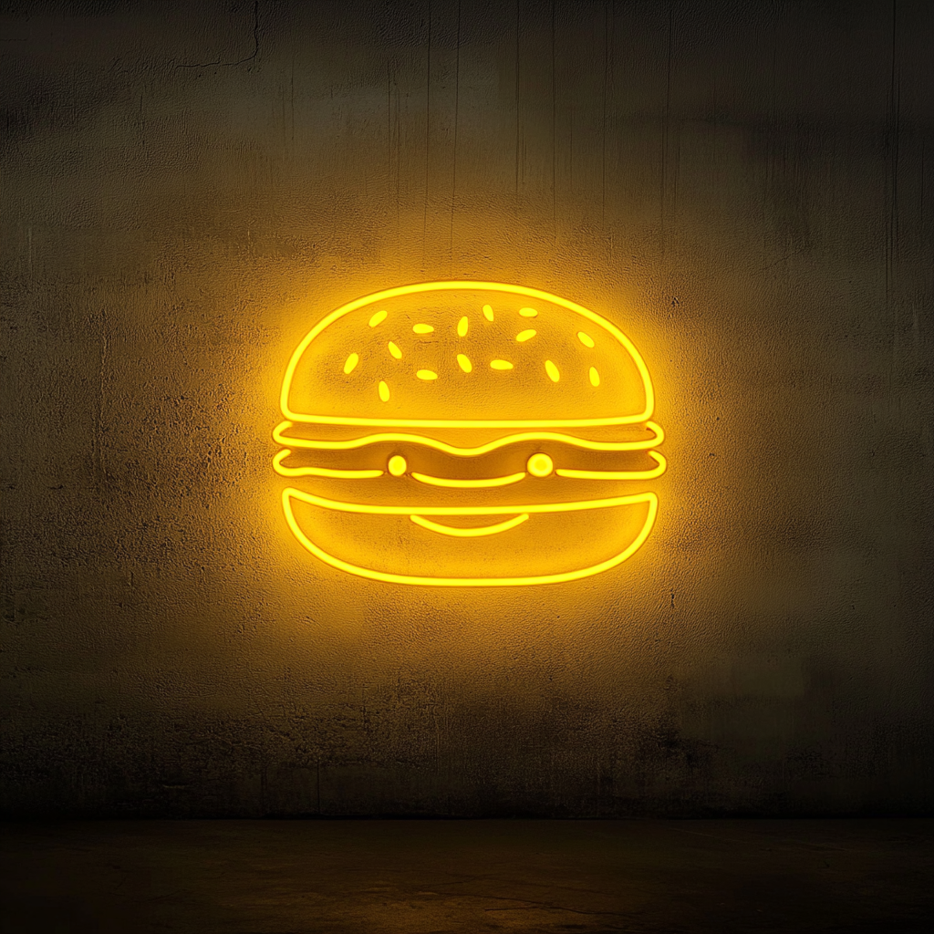 Smiling Burger - Yellow Neon Sign, 18 Inches