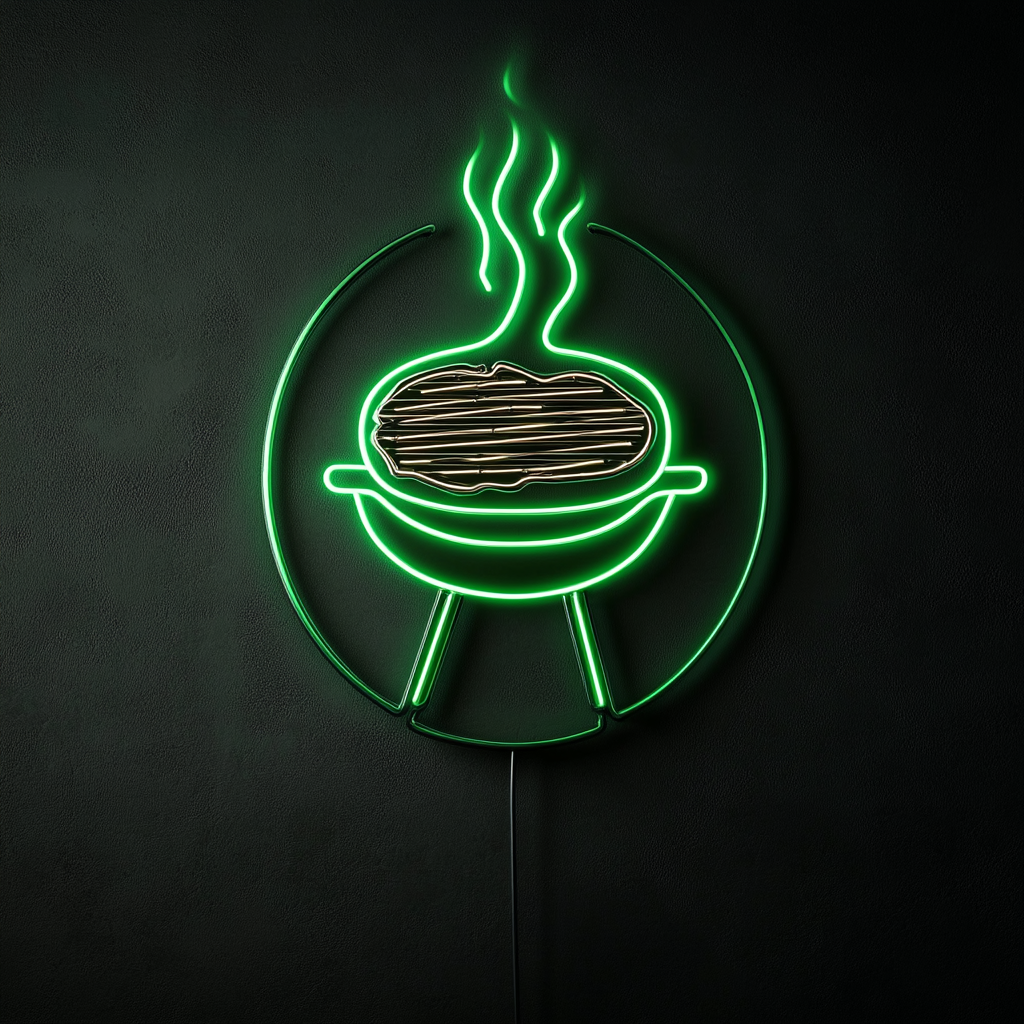 Steak on Grill - Green Neon Sign, 24 Inches
