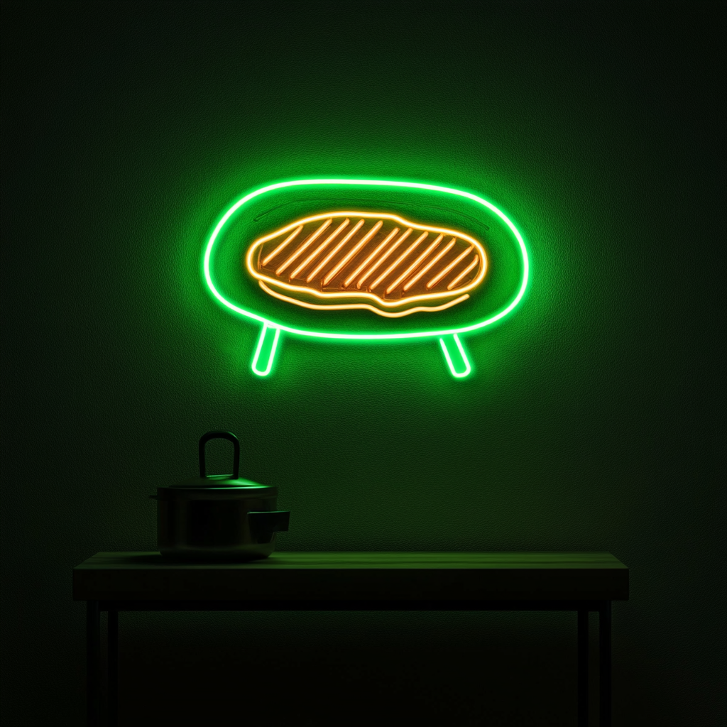 Steak on Grill - Green Neon Sign, 18 Inches