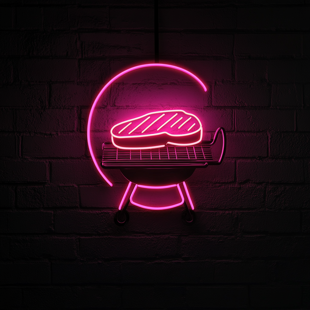 Steak on Grill - Pink Neon Sign, 18 Inches