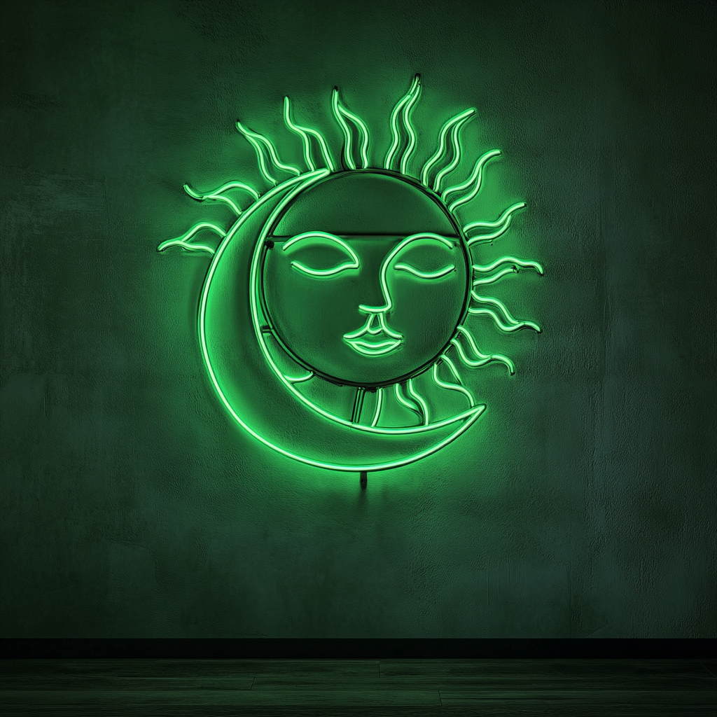 Sun and Moon - Green Neon Sign, 24 Inches
