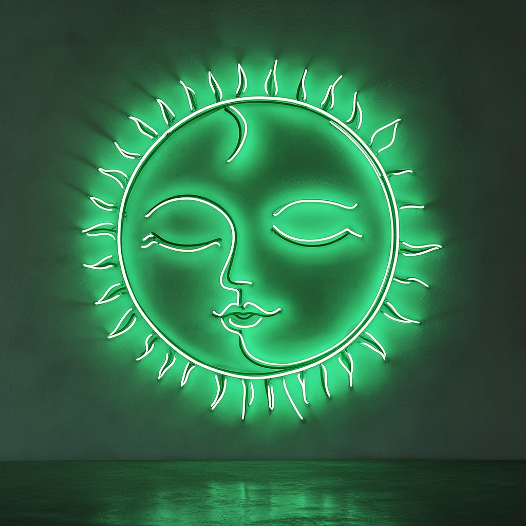 Sun and Moon Faces - Green Neon Sign, 18 Inches