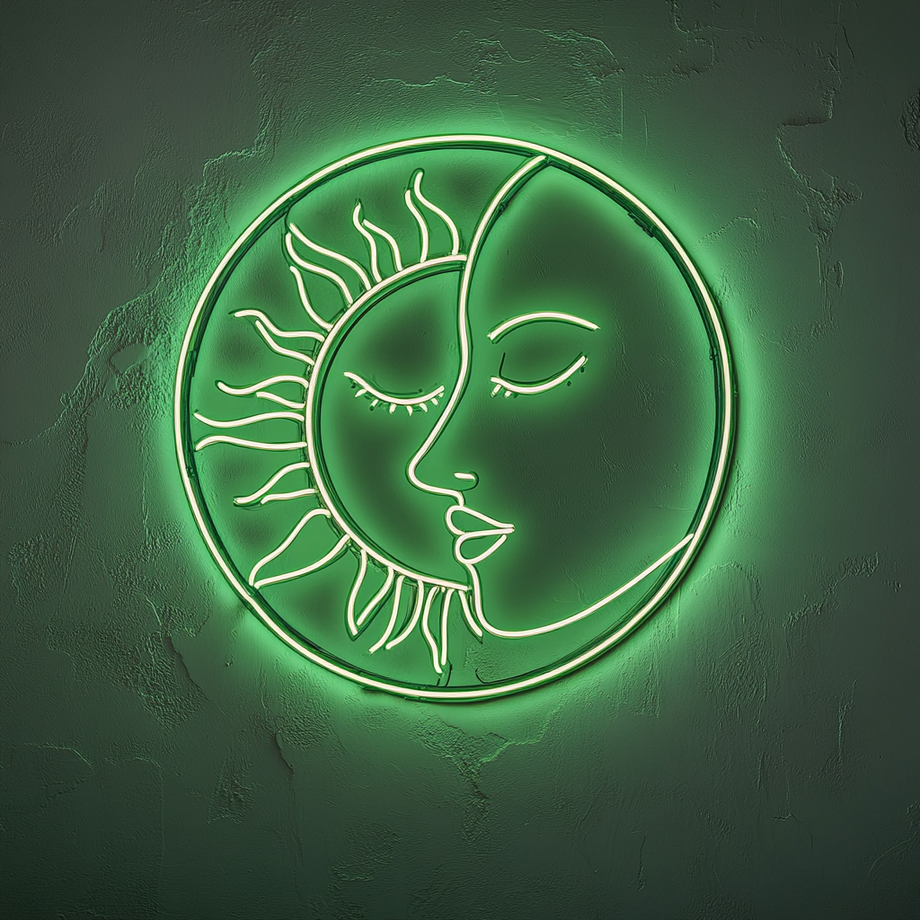 Sun and Moon Faces - Green Neon Sign, 18 Inches