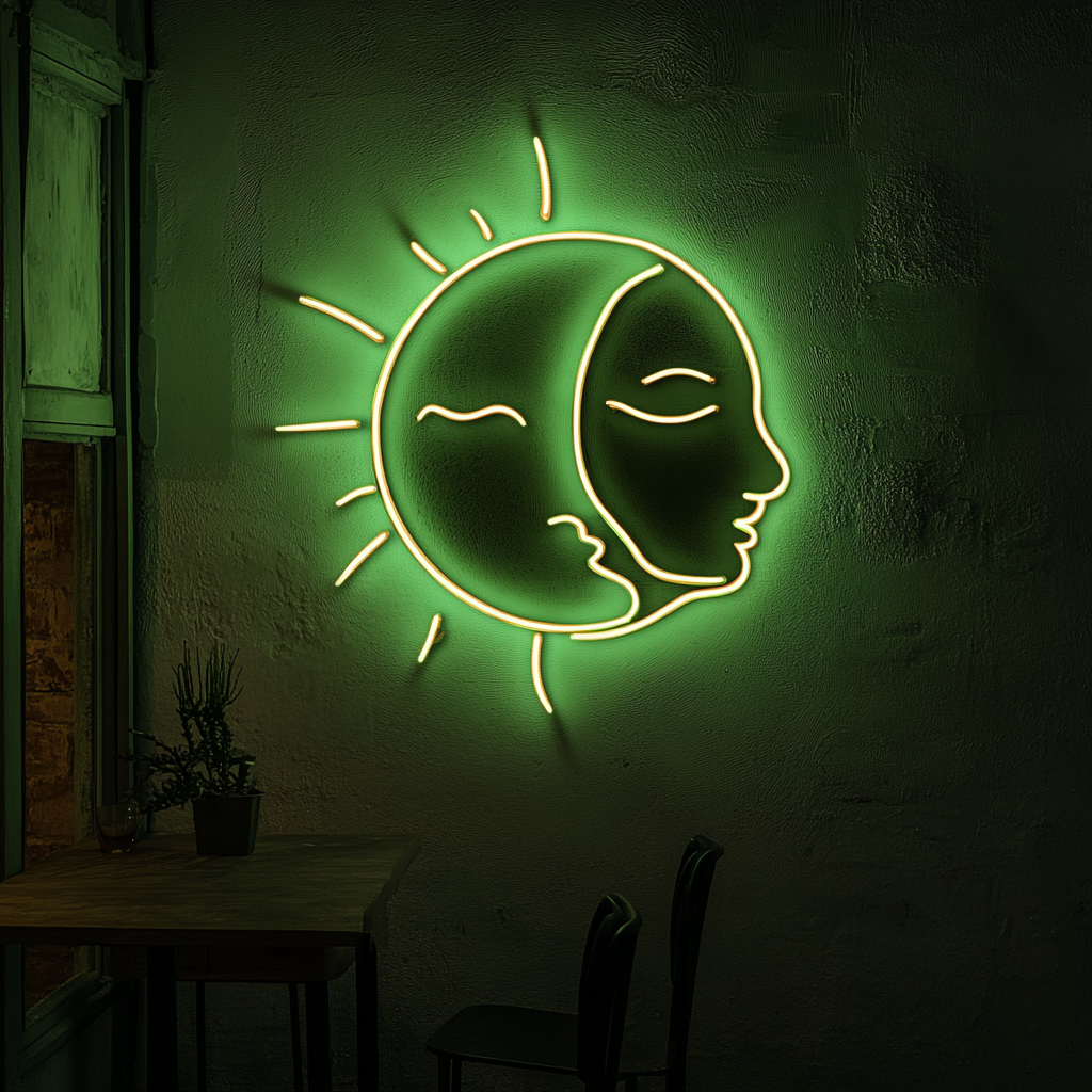 Sun and Moon Faces - Green Neon Sign, 24 Inches