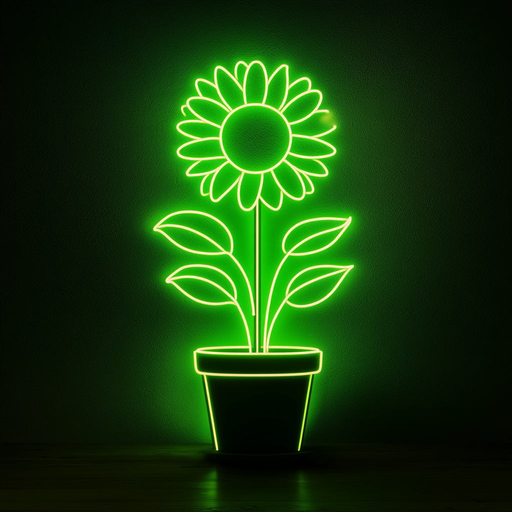 Sunflower in Pot - Green Neon Sign, 24 Inches