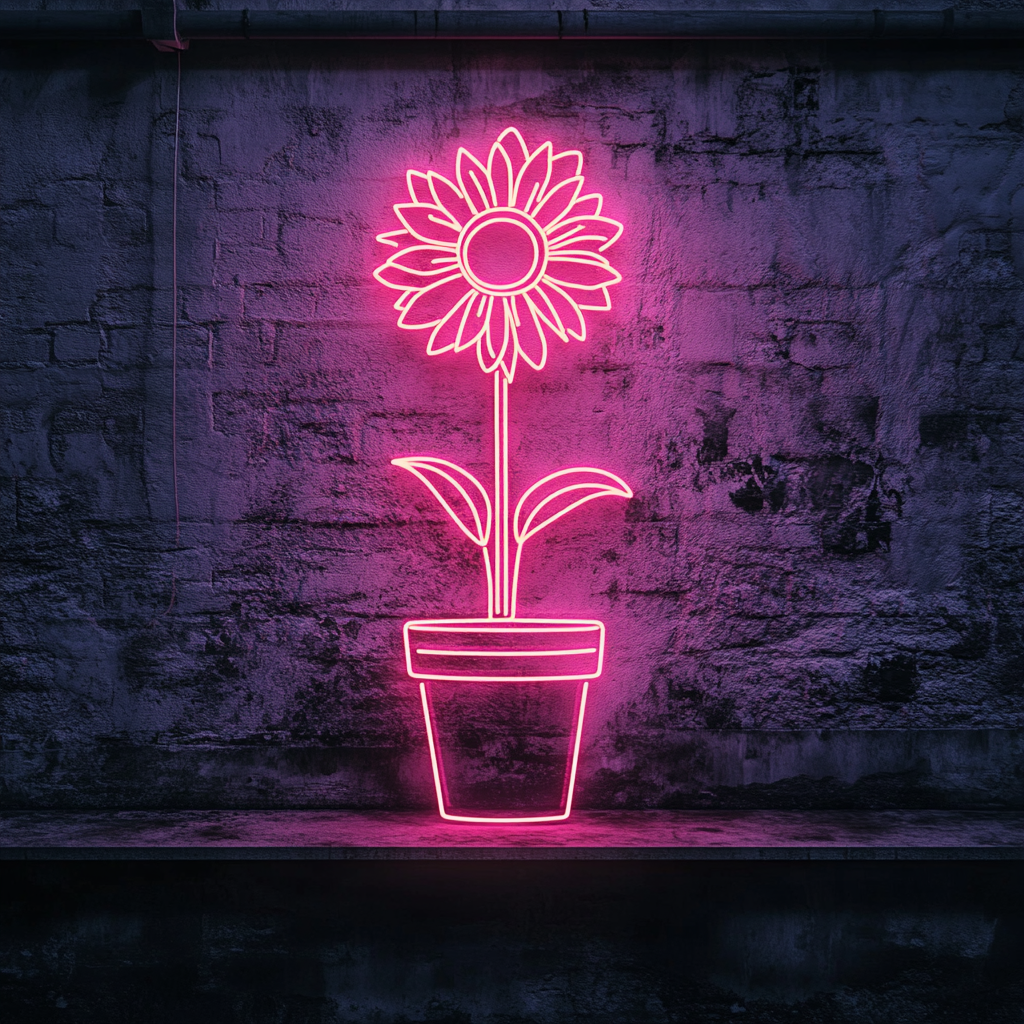 Sunflower in Pot - Pink Neon Sign, 24 Inches