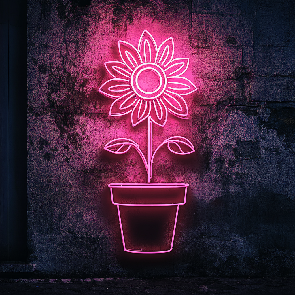 Sunflower in Pot - Pink Neon Sign, 24 Inches