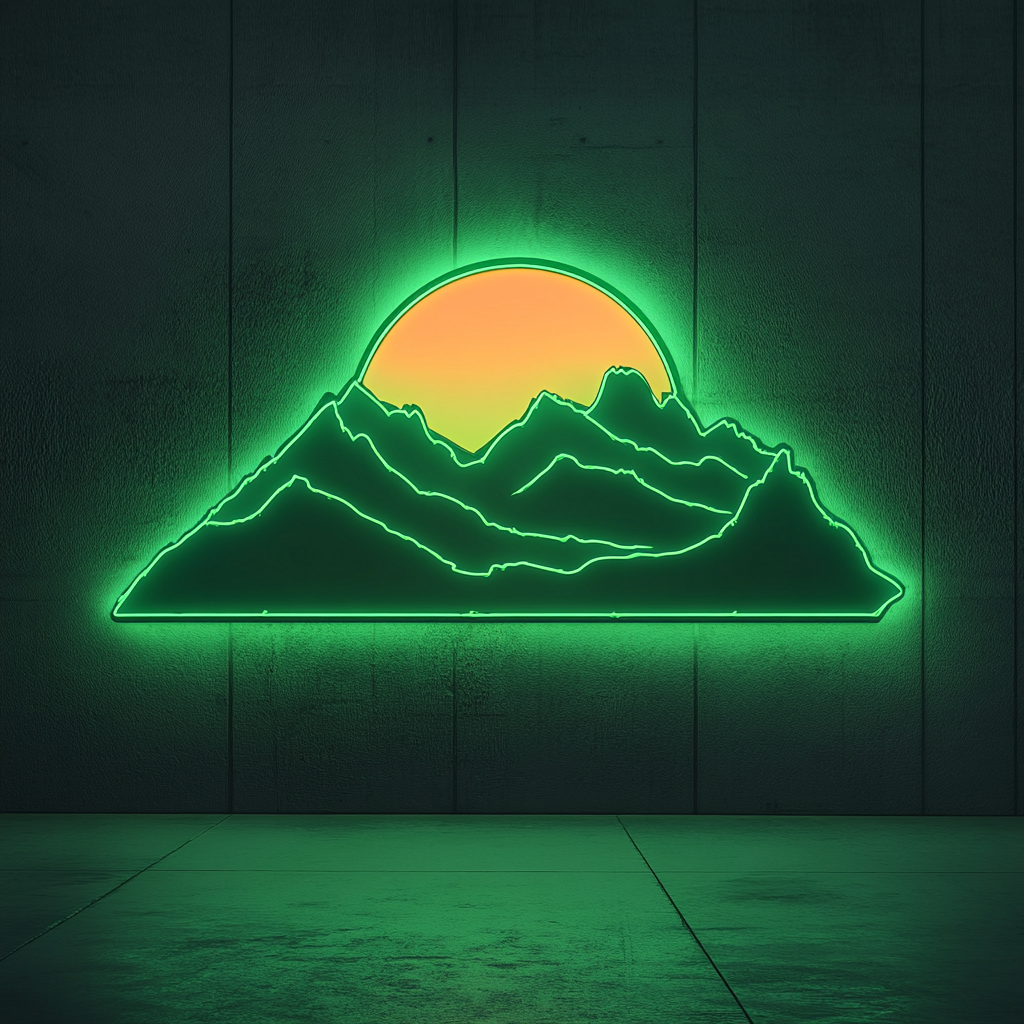 Sunset over Mountains - Green Neon Sign, 24 Inches
