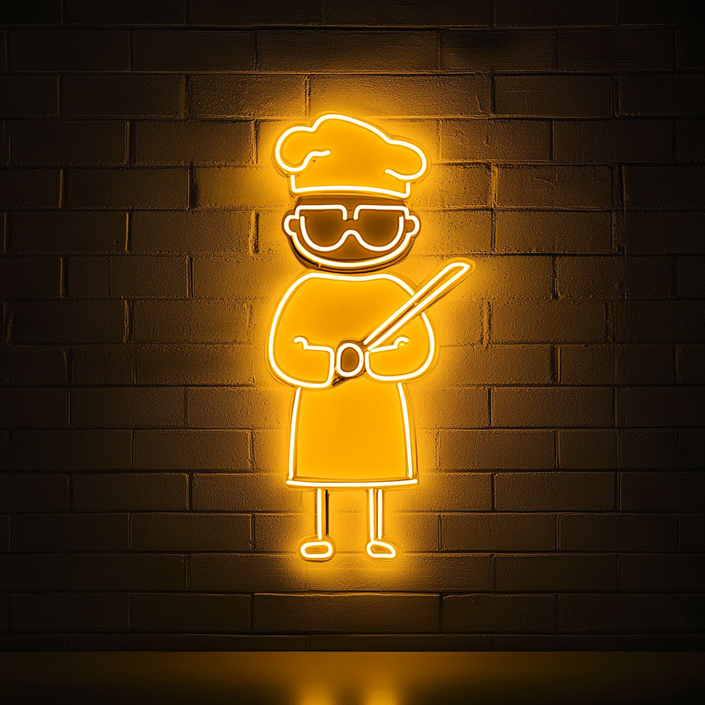 Sushi Chef with Knife - Yellow Neon Sign, 18 Inches