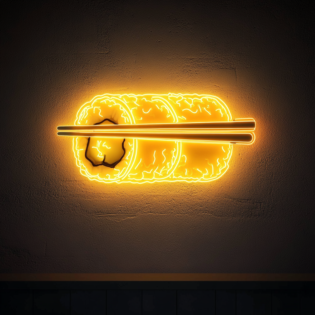 Sushi Roll with Chopsticks - Yellow Neon Sign, 24 Inches