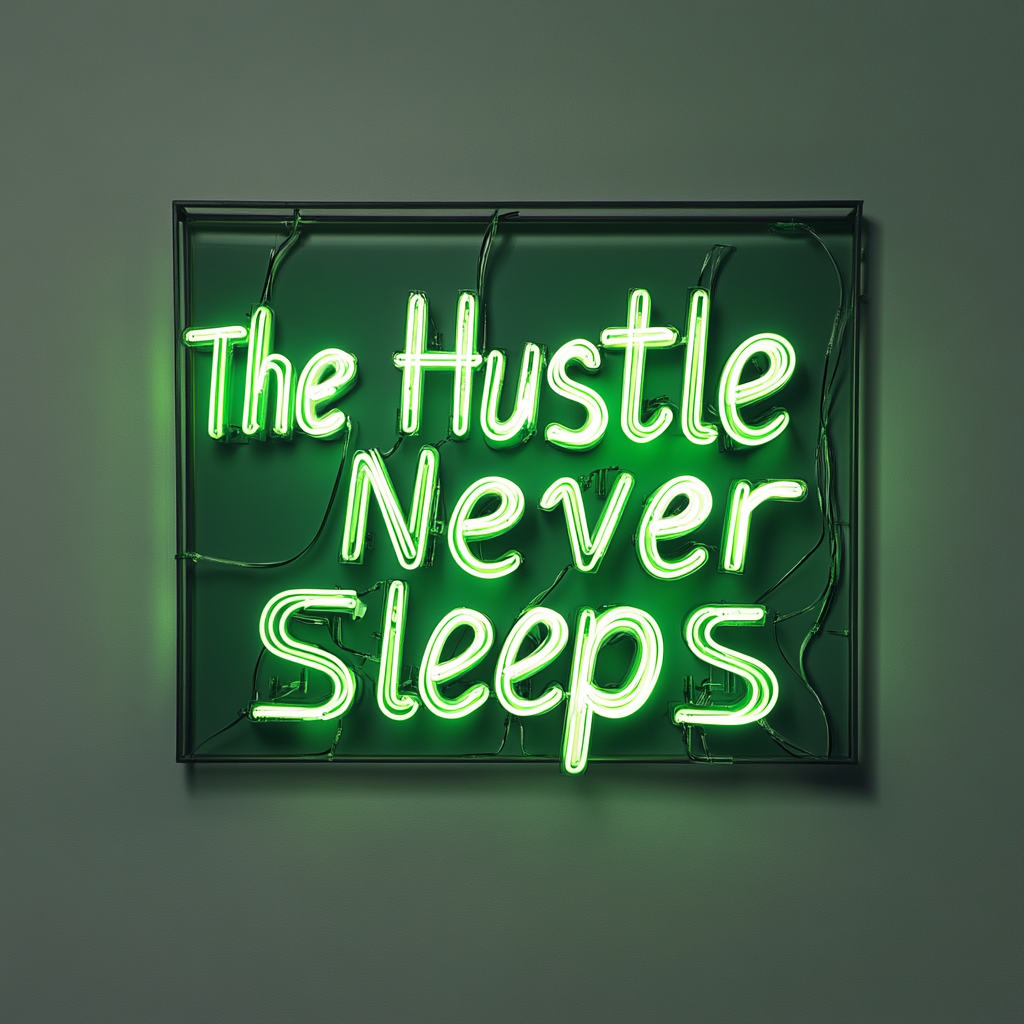 "The Hustle Never Sleeps" - Green Neon Sign, 18 Inches