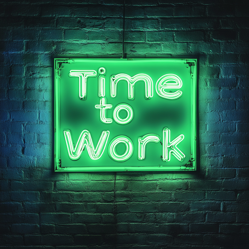 "Time to Work" - Green Neon Sign, 18 Inches