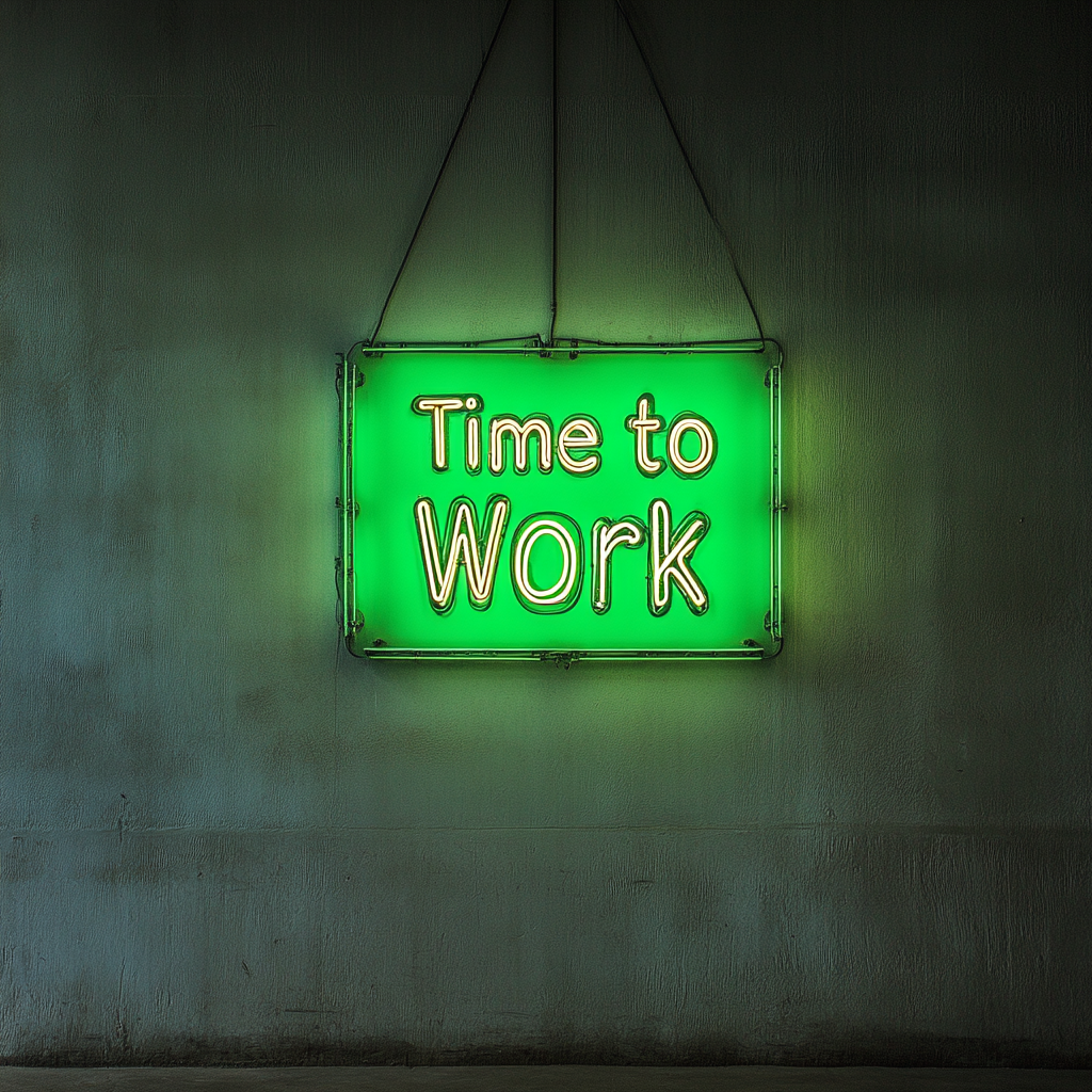 "Time to Work" - Green Neon Sign, 18 Inches