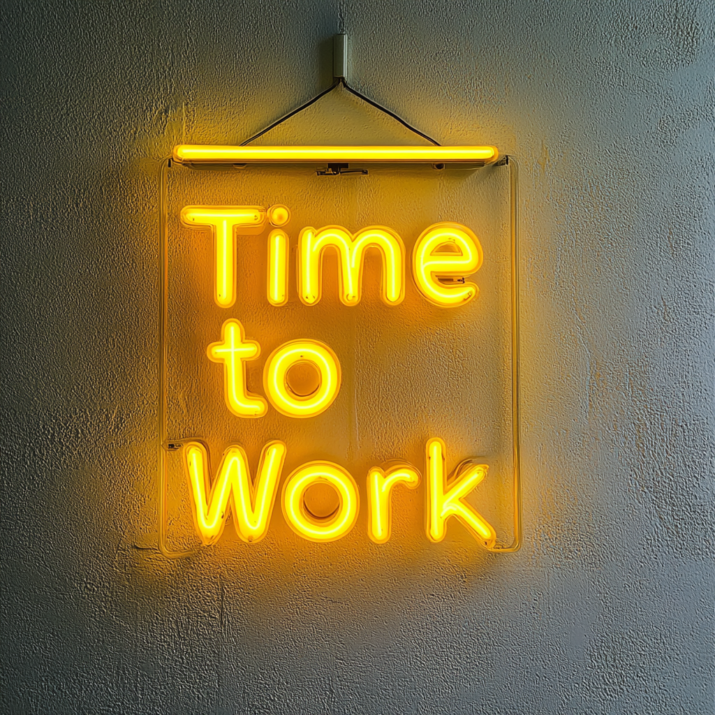 "Time to Work" - Yellow Neon Sign, 24 Inches