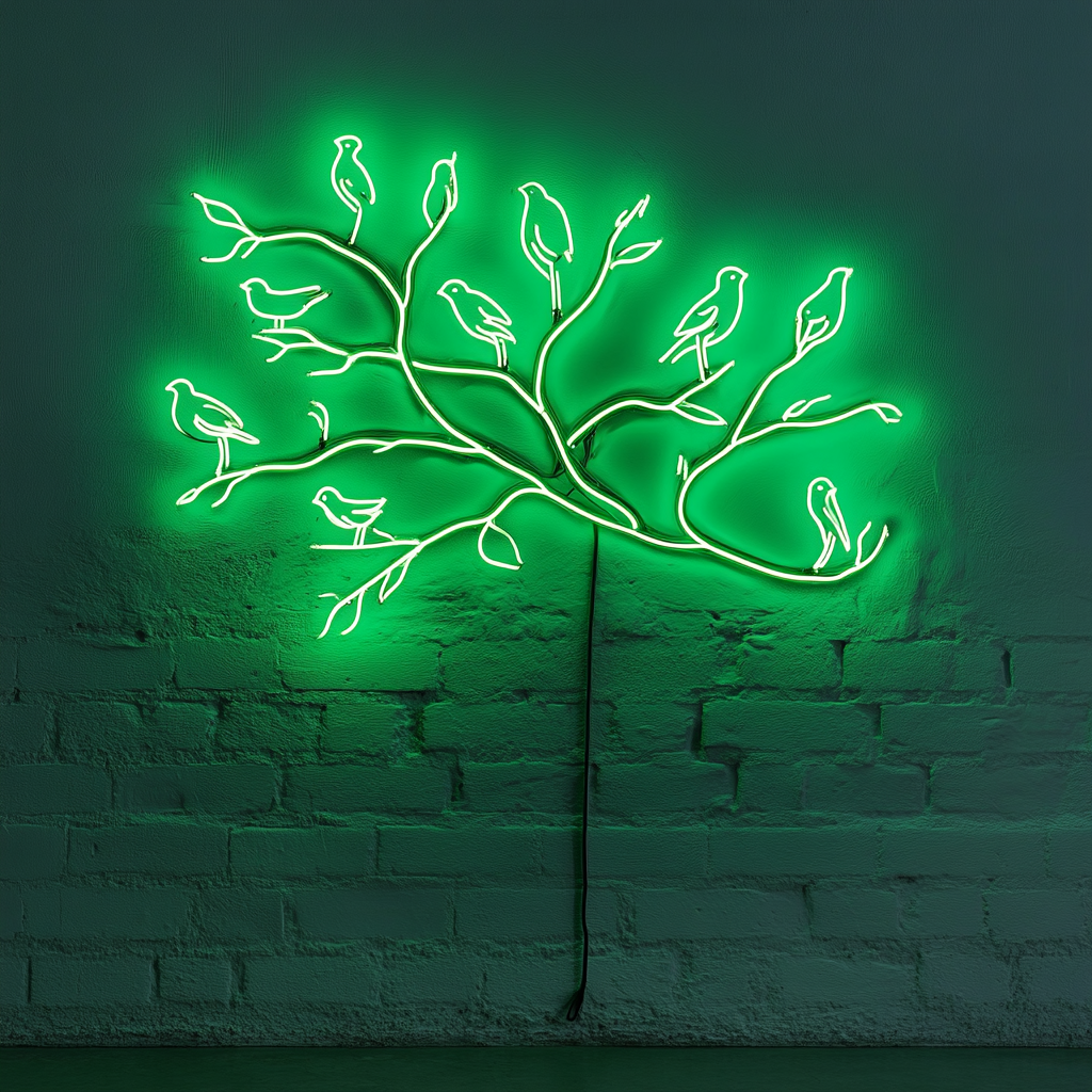 Tree Branch with Birds - Green Neon Sign, 18 Inches