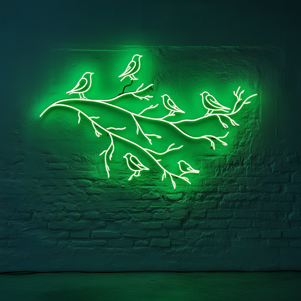Tree Branch with Birds - Green Neon Sign, 18 Inches