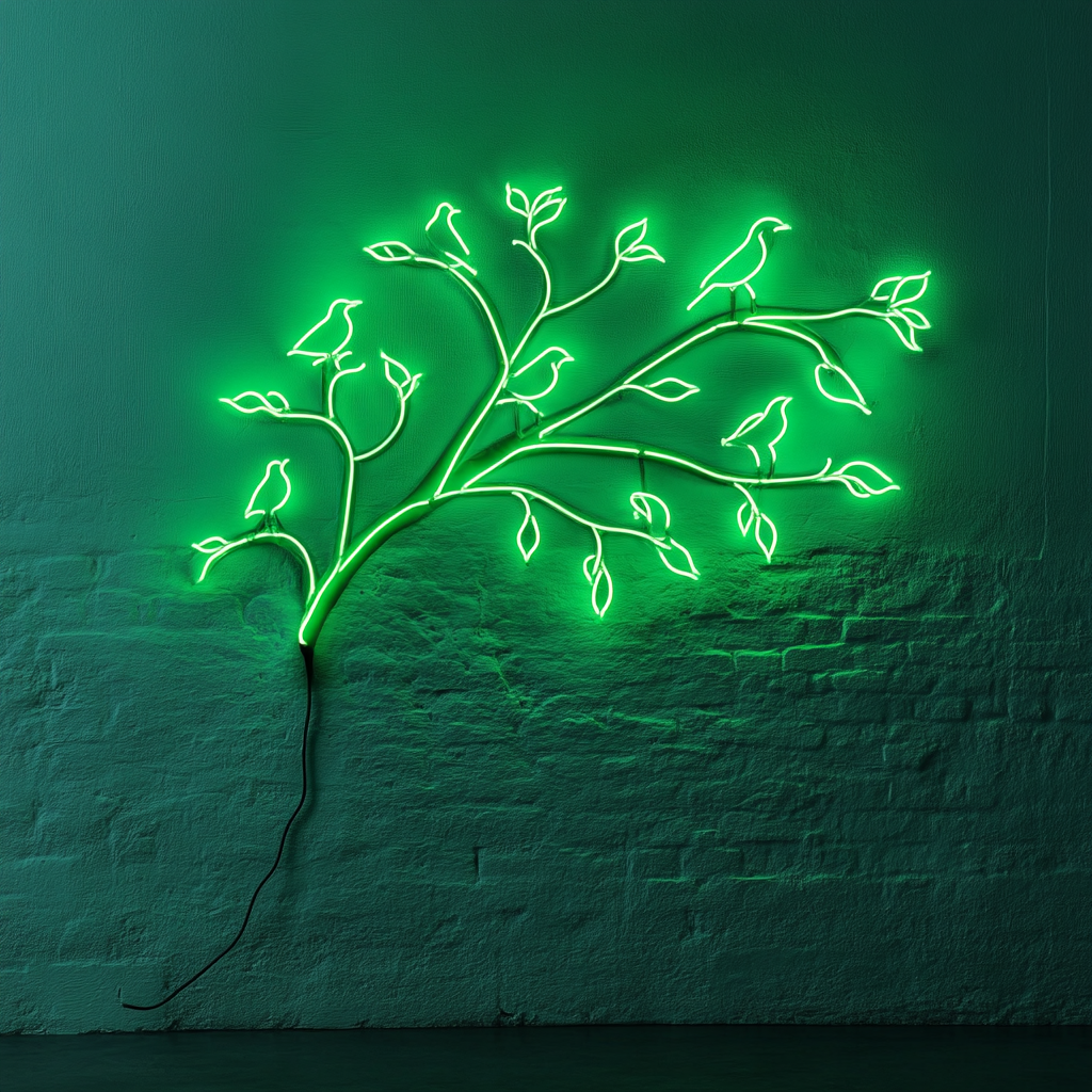 Tree Branch with Birds - Green Neon Sign, 24 Inches