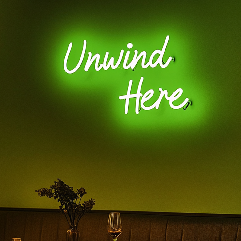 "Unwind Here" - Green Neon Sign, 18 Inches