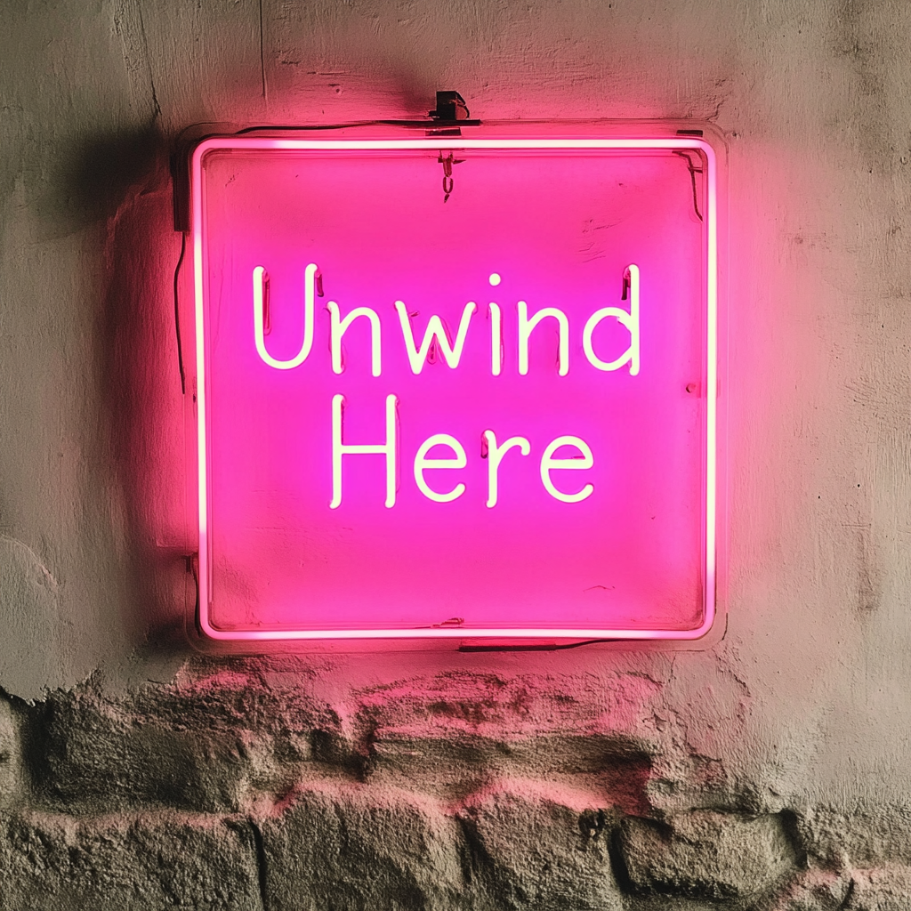"Unwind Here" - Pink Neon Sign, 18 Inches