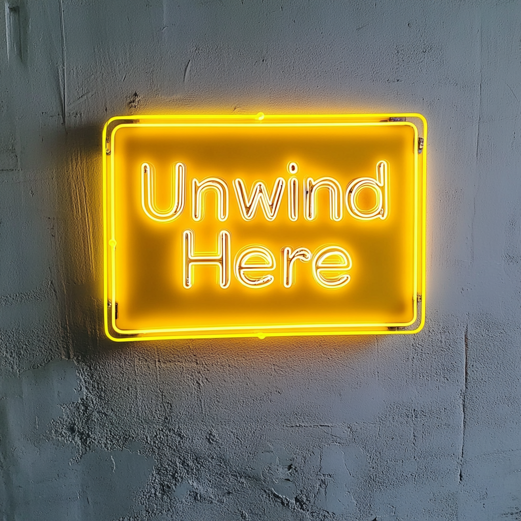 "Unwind Here" - Yellow Neon Sign, 24 Inches