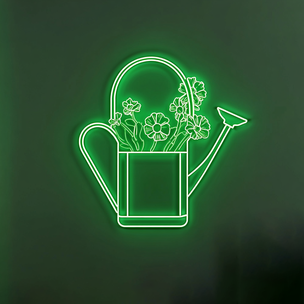 Watering Can with Flowers - Green Neon Sign, 24 Inches